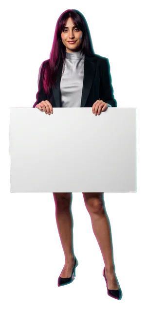 A woman holding a board; the board reads: 14 tables River Cree.