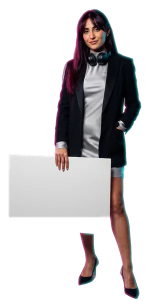 A woman carrying a board; the board reads: 6.3 km to PURE Yellowhead.