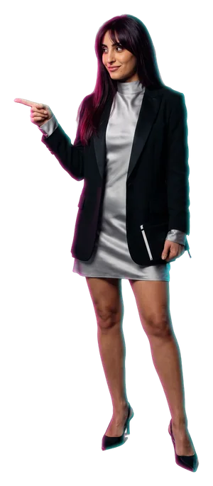 A woman pointing to the Dealing now screen.