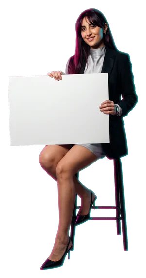 A woman on a tall stool with a board; the board reads: 24 hours Thursday to Sunday River Cree.