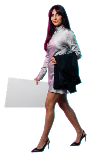 A woman walking with a board; the board reads: open 24/7.